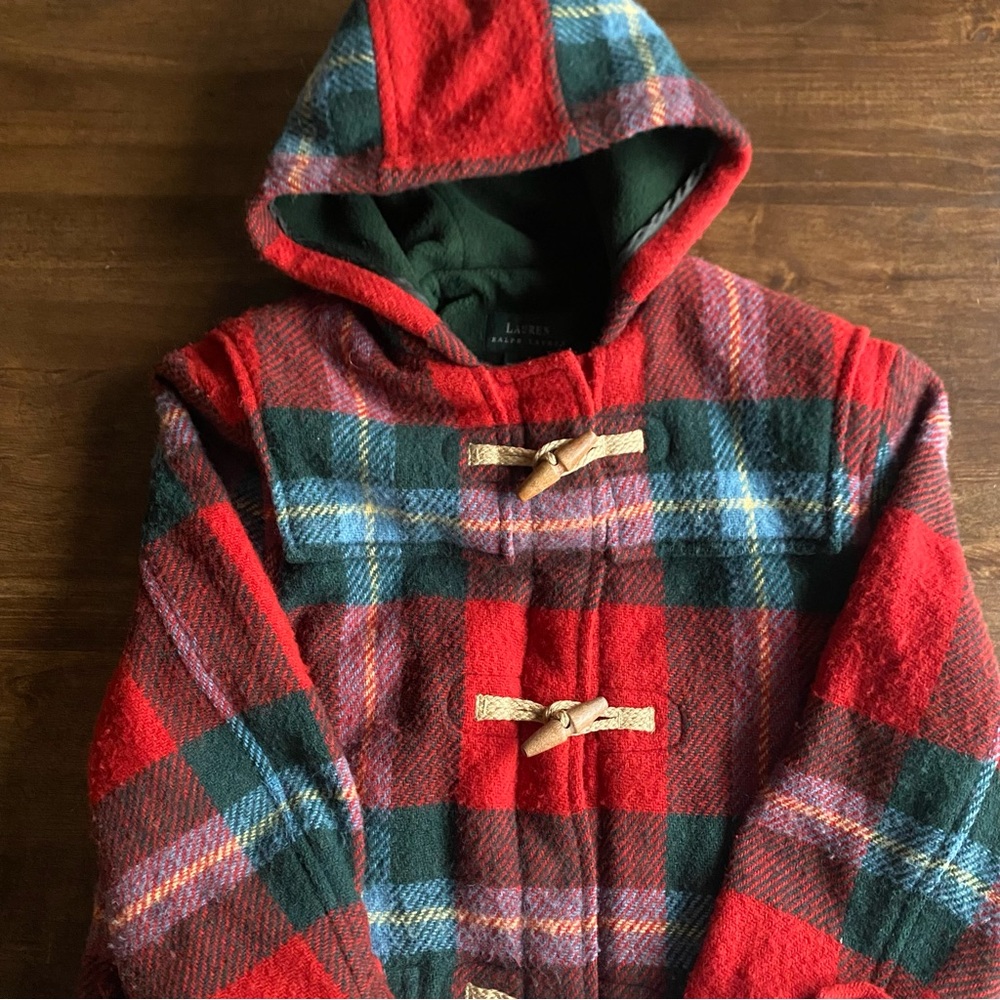Vintage Lauren Ralph Lauren Red and Green Plaid Hooded Wool Coat